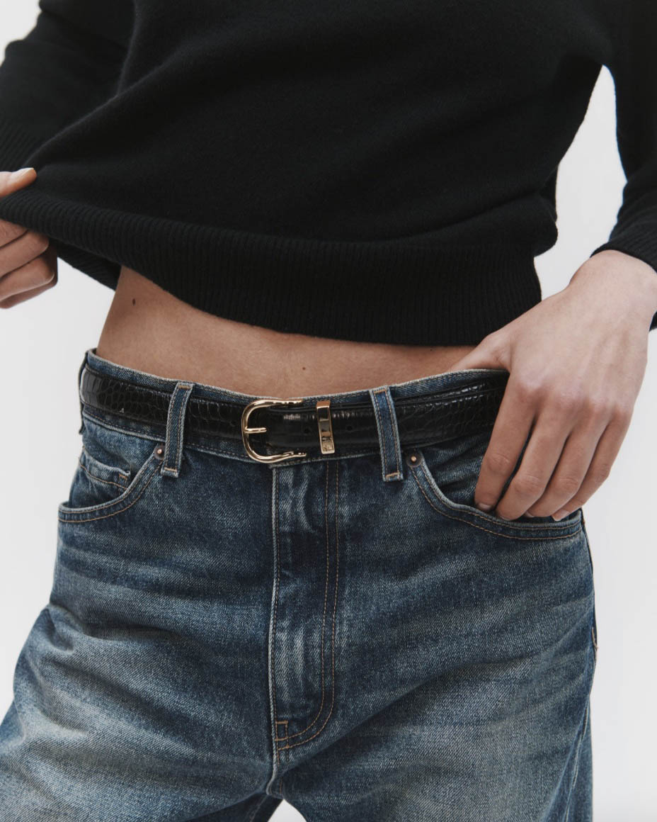 Boutique77 - חגורה Louise Croc Embossed – 11755L39_BLACK W/SHINY BRASS BUCKLE – black-w-shiny-brass-buckle – 1