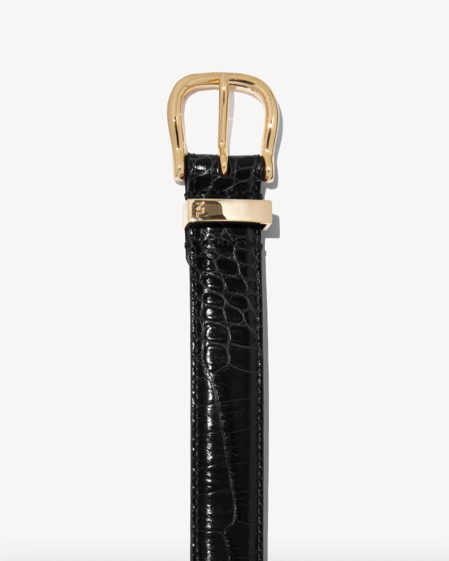 Boutique77 - חגורה Louise Croc Embossed – 11755L39_BLACK W/SHINY BRASS BUCKLE – black-w-shiny-brass-buckle – 2