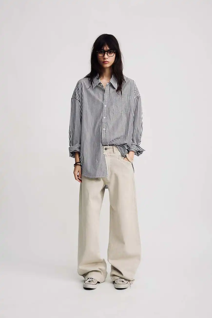 Boutique77 - חולצה Button Front – DSW4230983 – brown-wide-stripe – 1