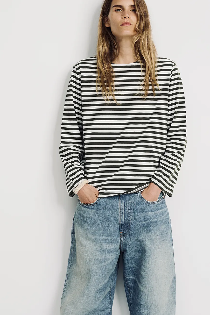 Boutique77 - חולצת טי L/S Boatnec – DSW42731037 – olive-green-ecru-stripe – 1