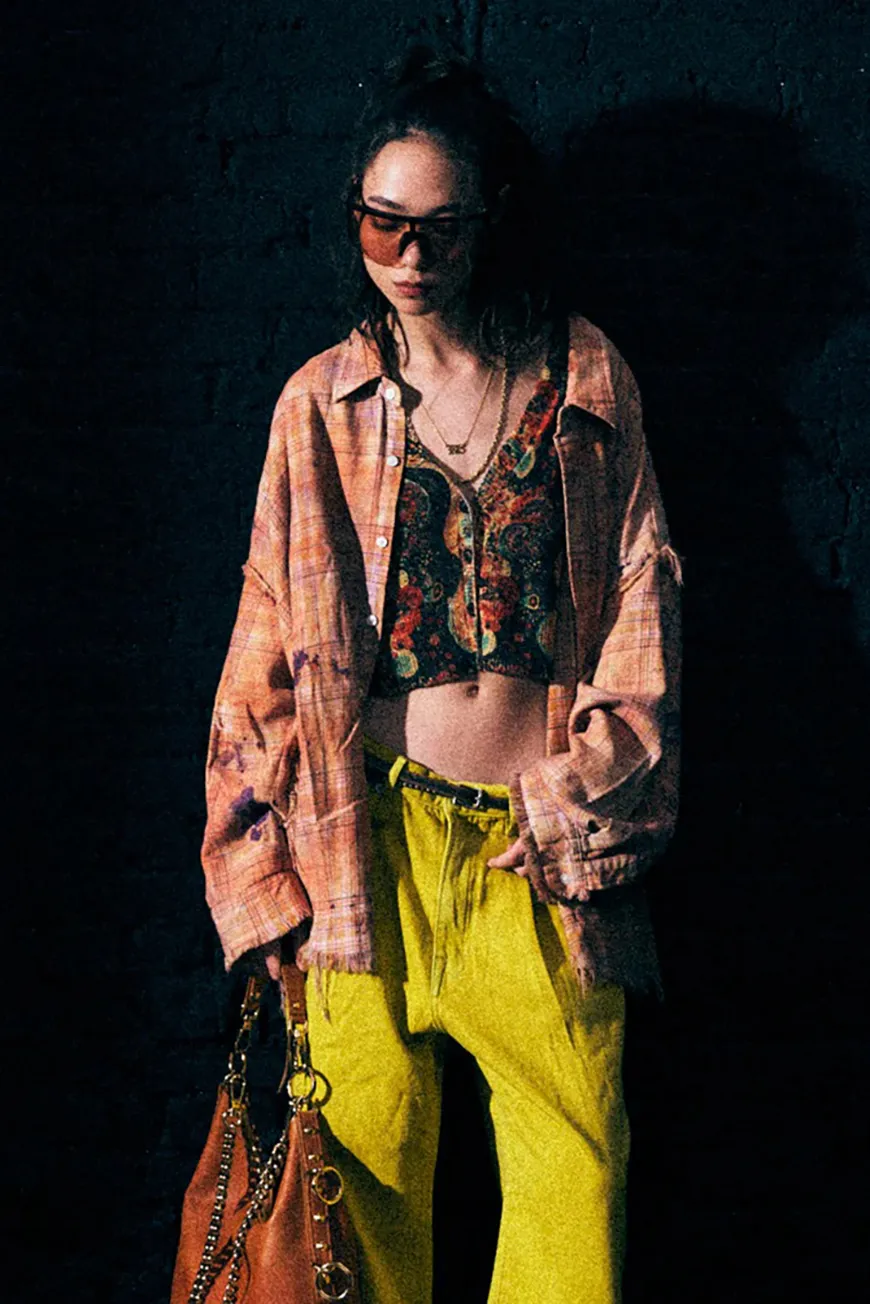 Boutique77 - חולצה Shredded Seam Drop Neck – R13WR075R654B – overdyed-orange-purple-plaid – 1